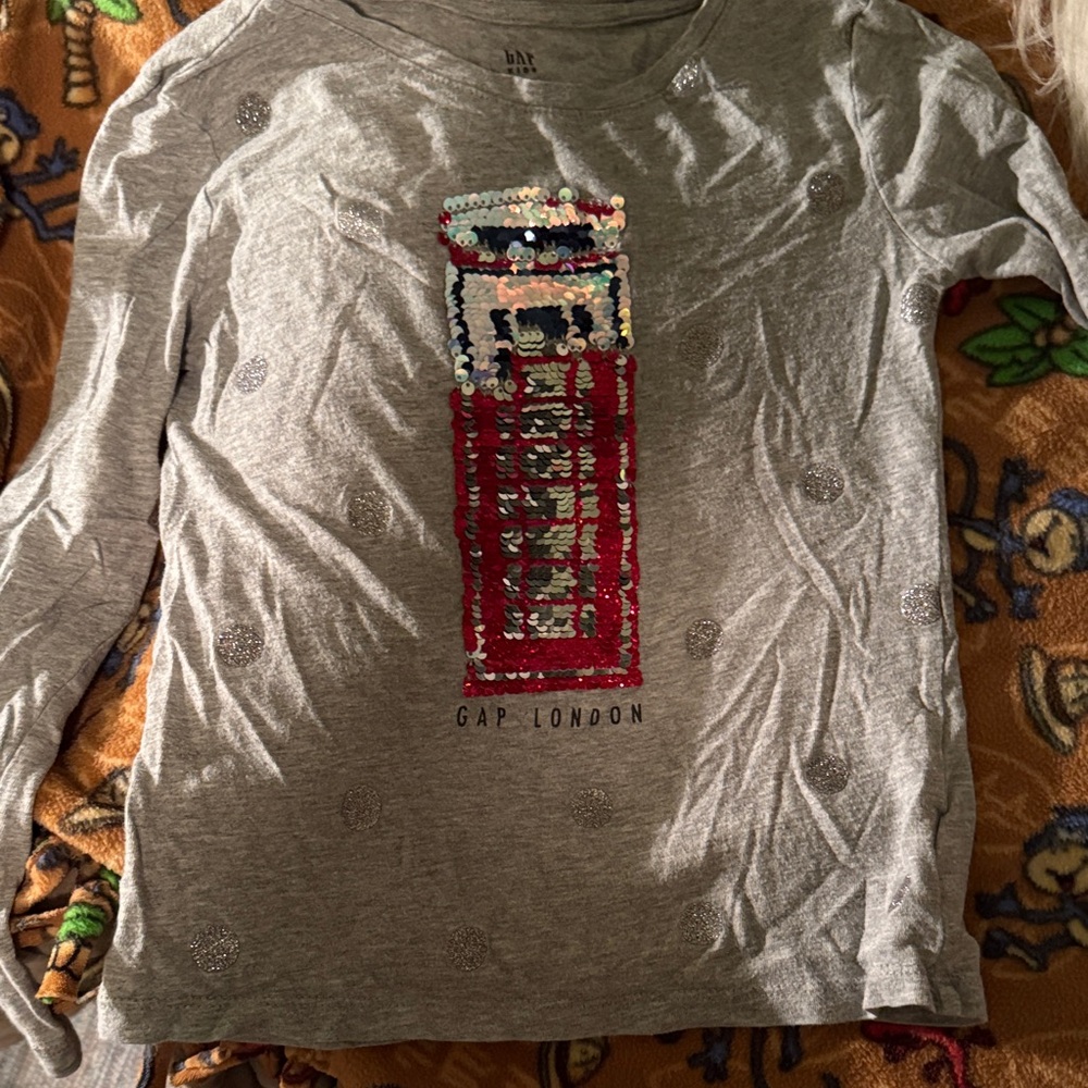 GAP Gray Long-Sleeve Tee with Red Sequin Phone Booth